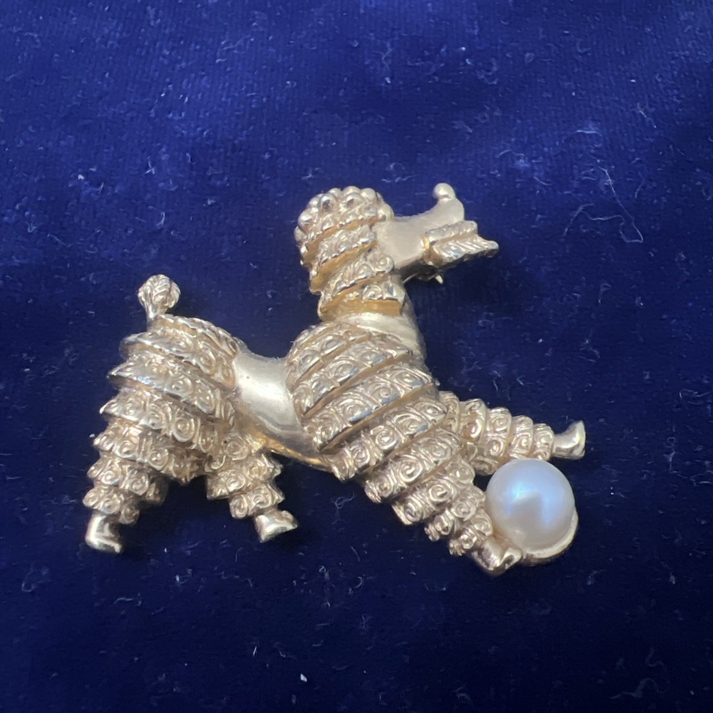 Vintage Marcel Boucher Poodle Brooch Signed Gold Plate Pin Faux Pearl Ball 6486